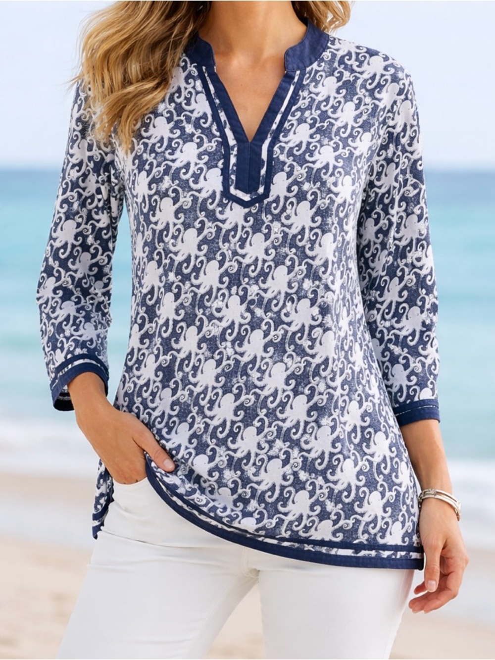 Coral Bay Navy and White Octopus Print Tunic Small LS